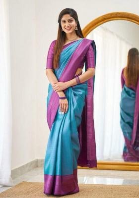 Blue Solid Silk Saree Set