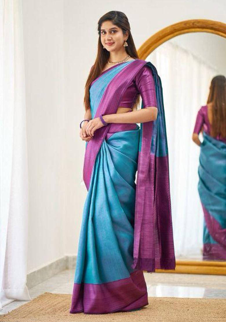 Blue Solid Silk Saree Set - Indya
