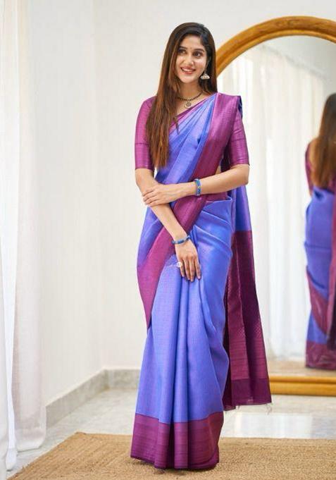 Blue Solid Silk Saree Set