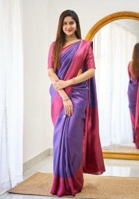 Purple Solid Silk Saree Set