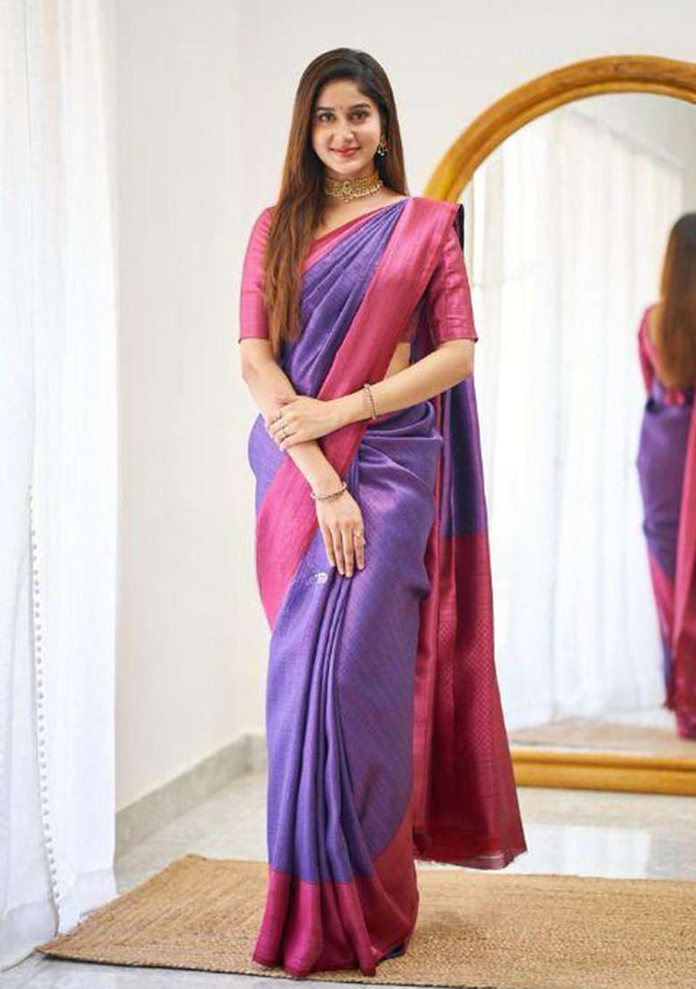 Purple Solid Silk Saree Set - Indya