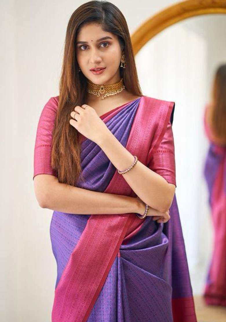 Purple Solid Silk Saree Set - Indya