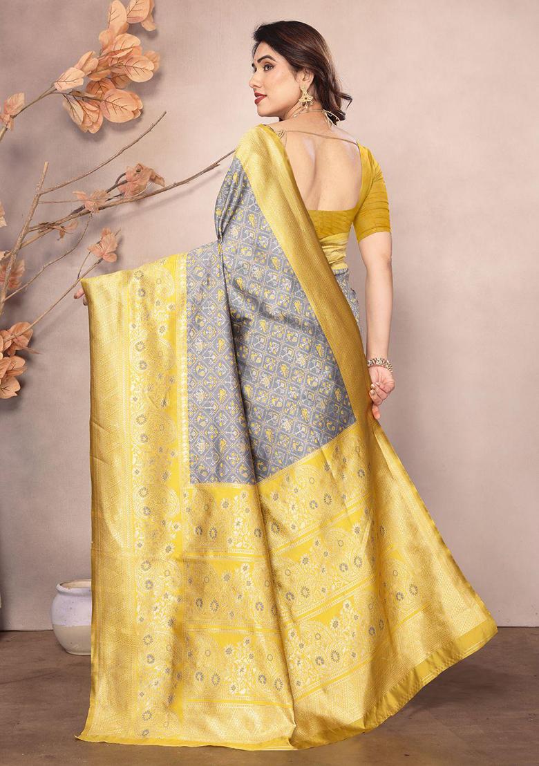 Grey Solid Silk Saree Set - Indya