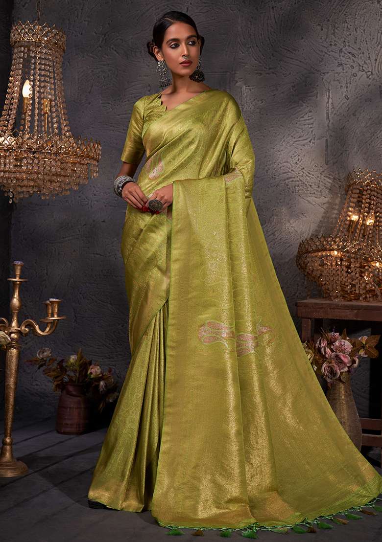 Green Zari Work Silk Blend Saree Set for Diwali and Festive Wear - Indya