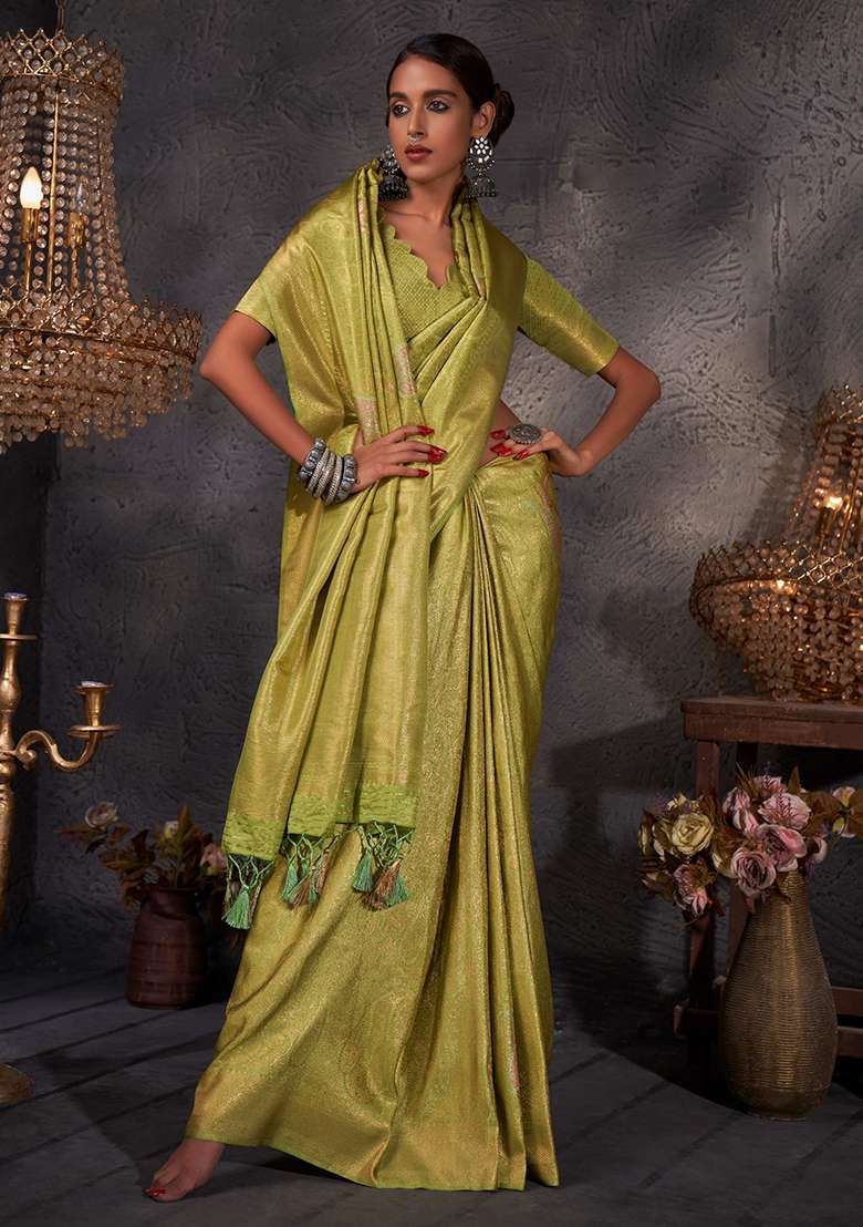 Green Zari Work Silk Blend Saree Set for Diwali and Festive Wear - Indya