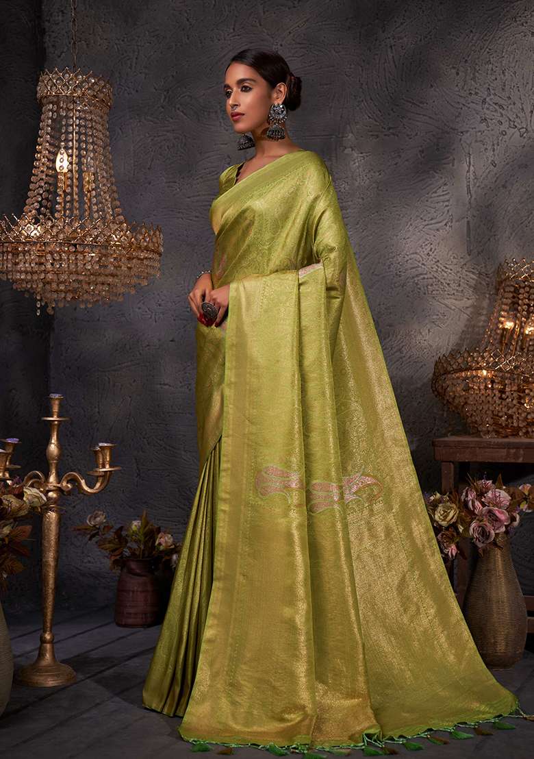 Green Zari Work Silk Blend Saree Set for Diwali and Festive Wear - Indya