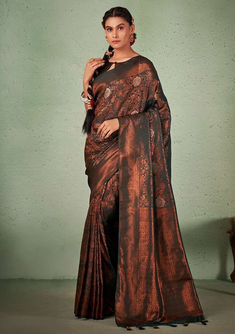 Green Zari Work Silk Blend Saree Set - Indya