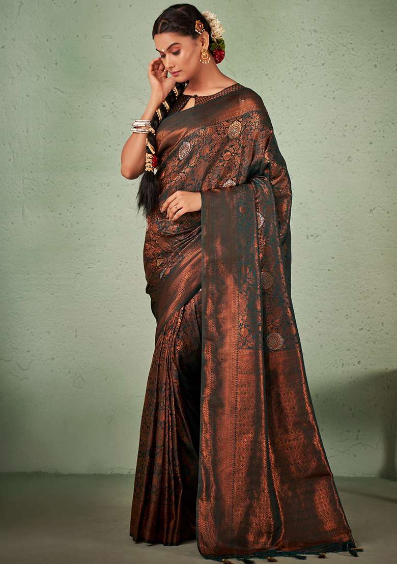 Green Zari Work Silk Blend Saree Set - Indya