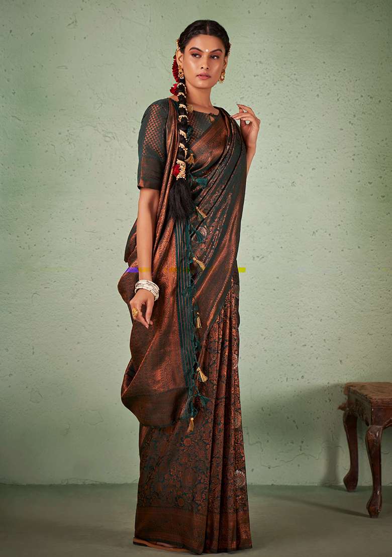 Green Zari Work Silk Blend Saree Set - Indya