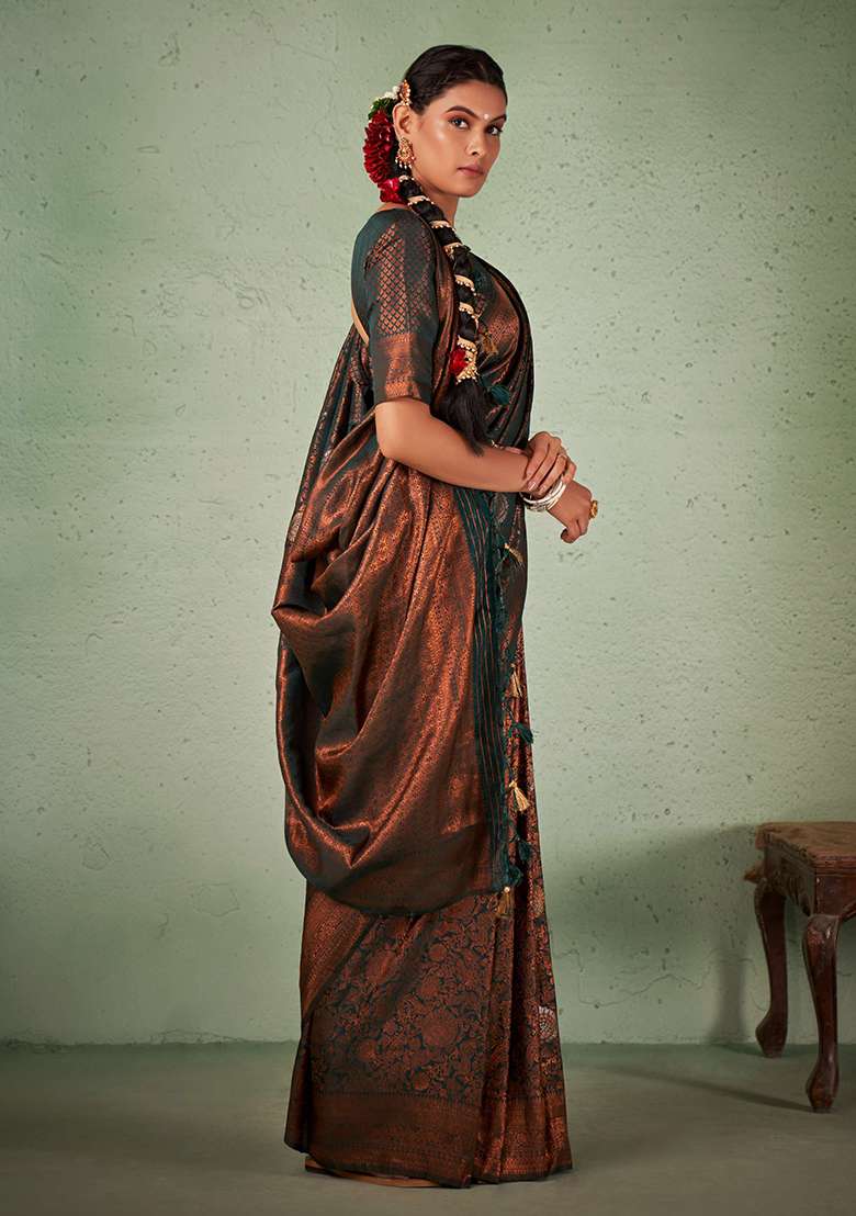 Green Zari Work Silk Blend Saree Set - Indya