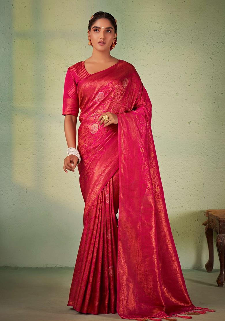 Pink Zari Work Silk Saree Set