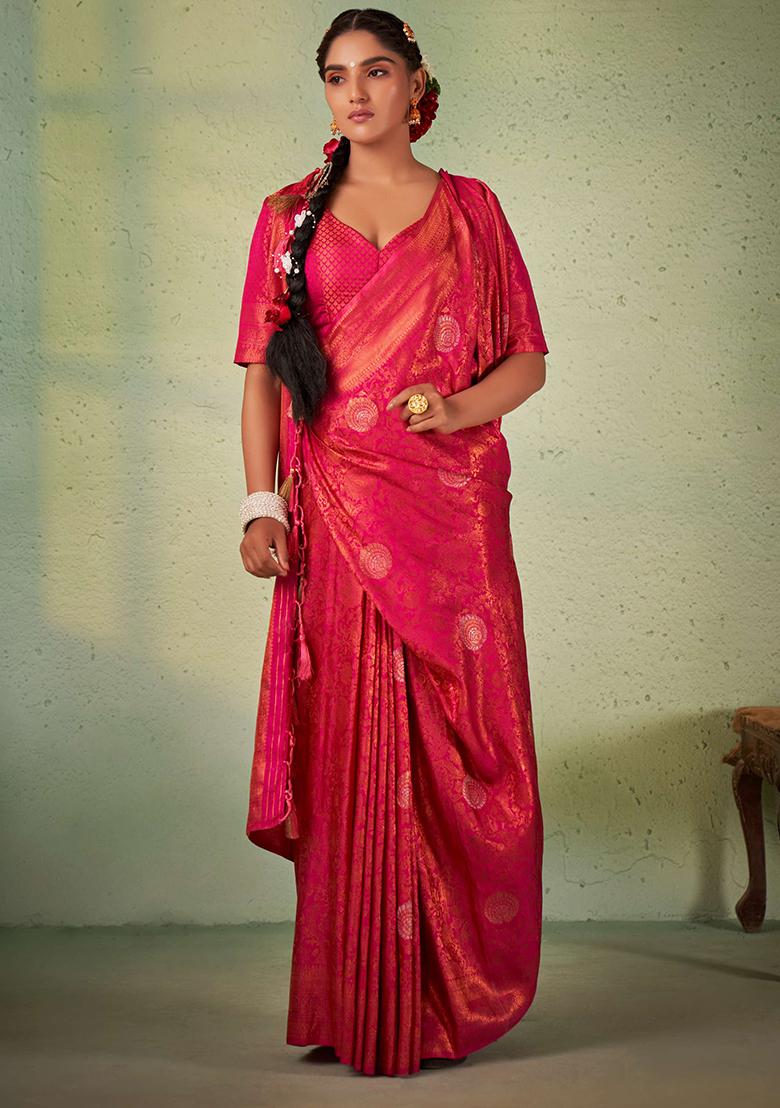 Pink Zari Work Silk Saree Set