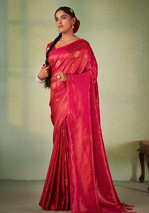 Pink Zari Work Silk Saree Set