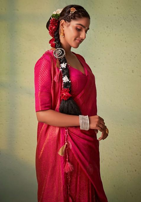 Pink Zari Work Silk Saree Set