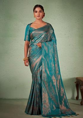 Blue Zari Work Silk Saree Set