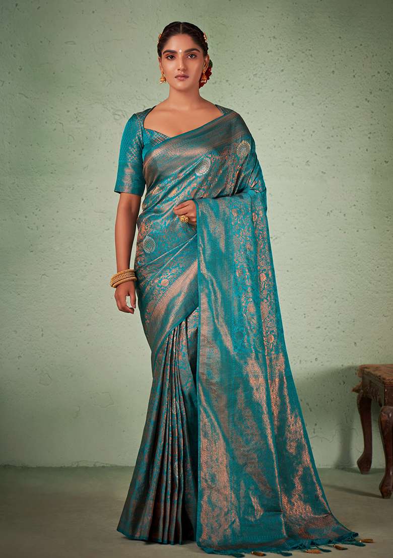 Blue Zari Work Silk Blend Saree Set for Diwali and Festive Wear - Indya