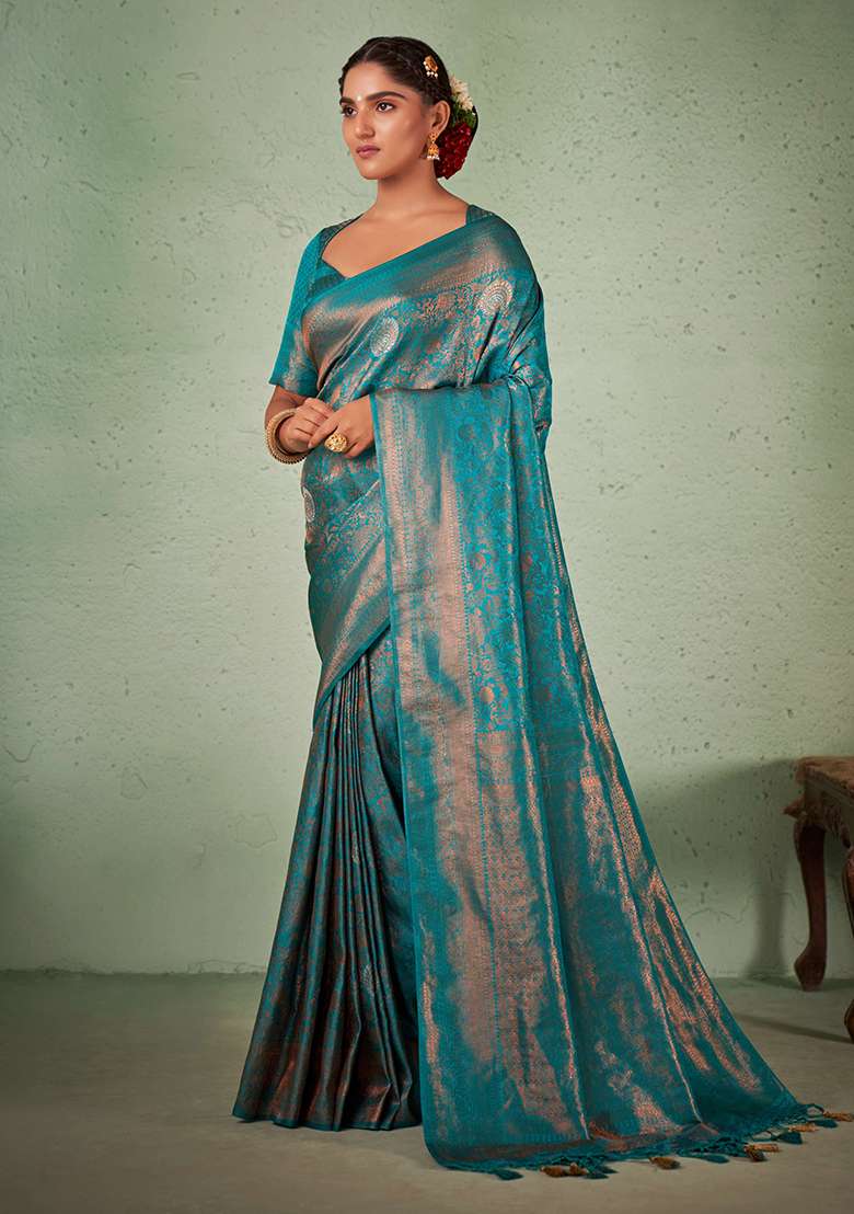 Blue Zari Work Silk Blend Saree Set for Diwali and Festive Wear - Indya