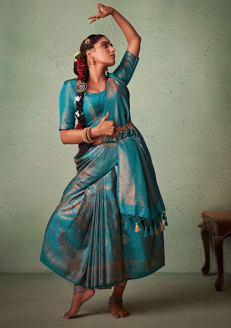Blue Zari Work Silk Blend Saree Set for Diwali and Festive Wear - Indya