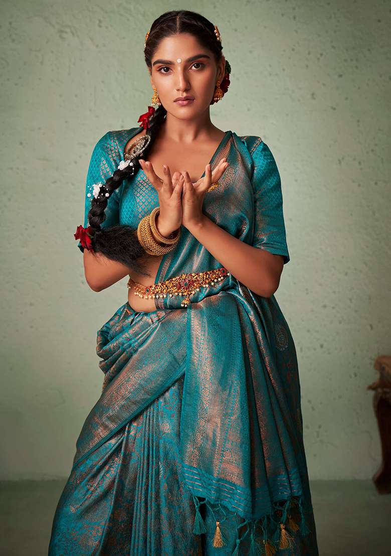 Blue Zari Work Silk Blend Saree Set for Diwali and Festive Wear - Indya