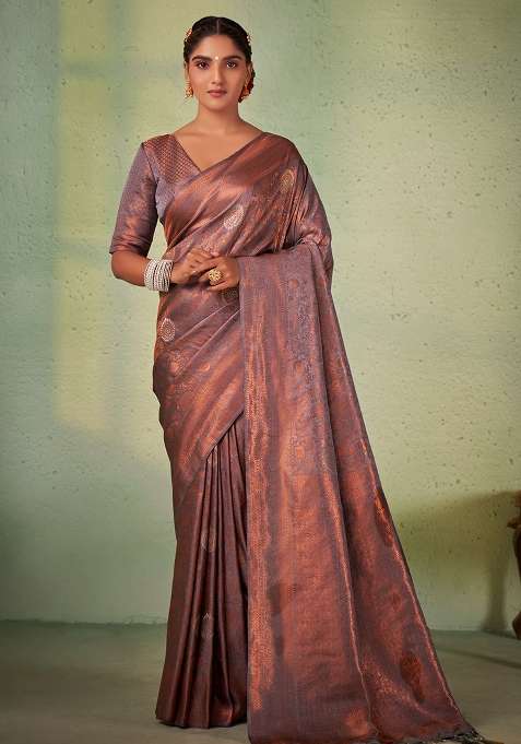 Grey Silk Blend Saree Set with Zari Work for Diwali | Wedding & Festive Wear