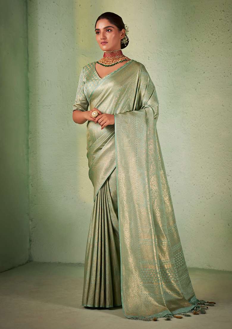 Green Zari Work Silk Blend Saree Set - Indya