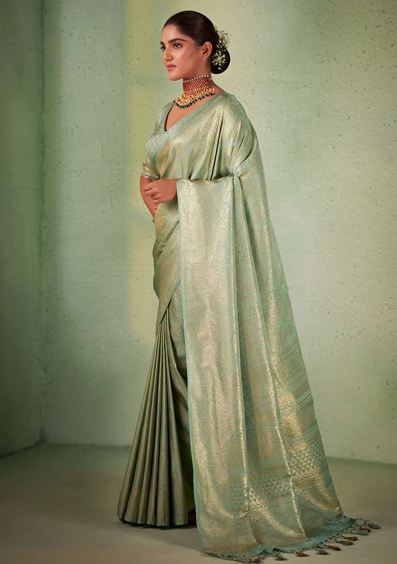 Green Zari Work Silk Blend Saree Set - Indya