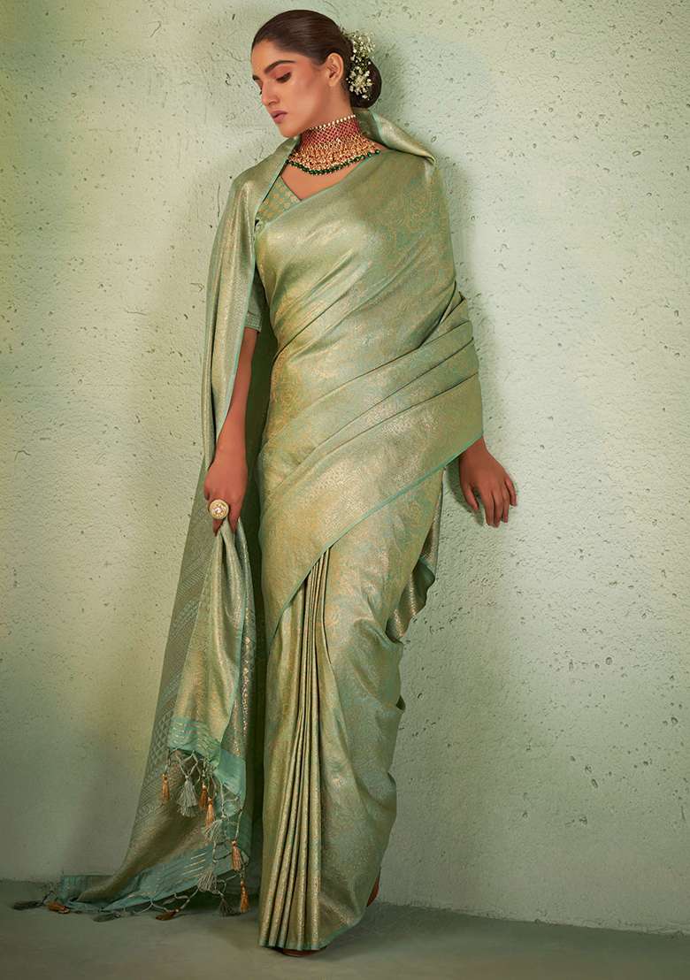 Green Zari Work Silk Blend Saree Set - Indya