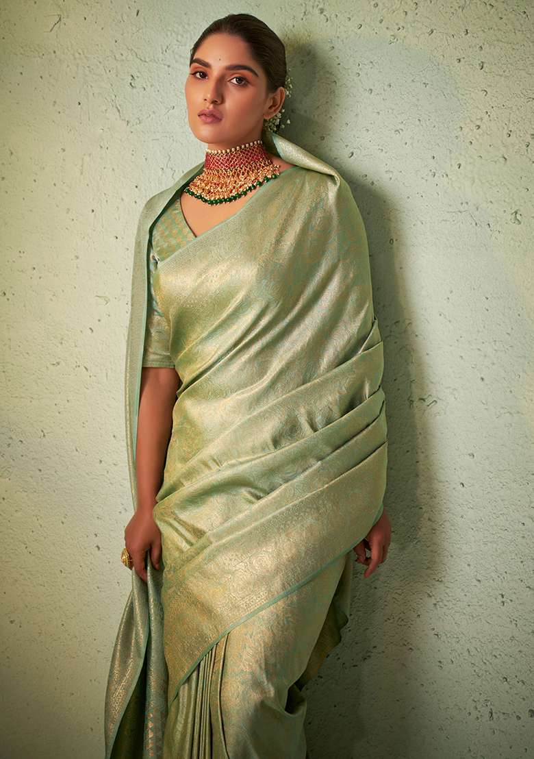 Green Zari Work Silk Blend Saree Set - Indya