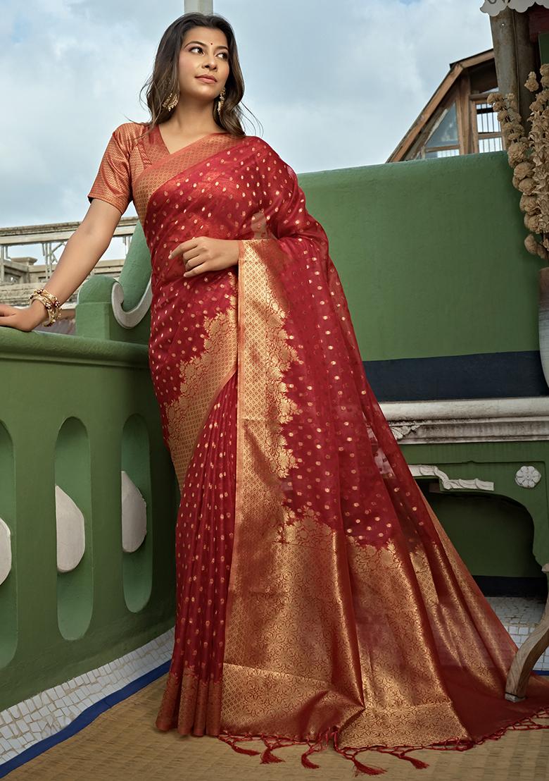 Red Zari Work Organza Saree Set