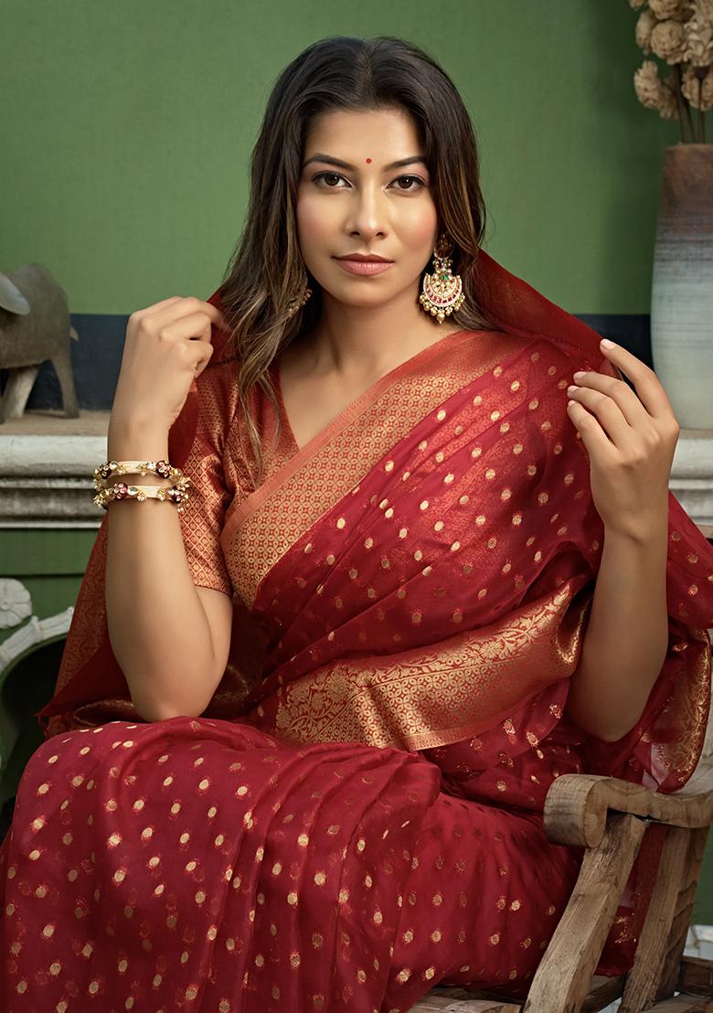 Red Zari Work Organza Saree Set