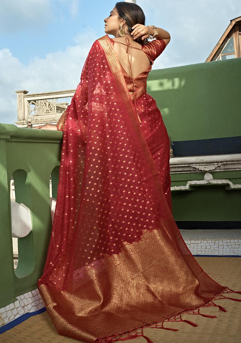 Red Zari Work Organza Saree Set