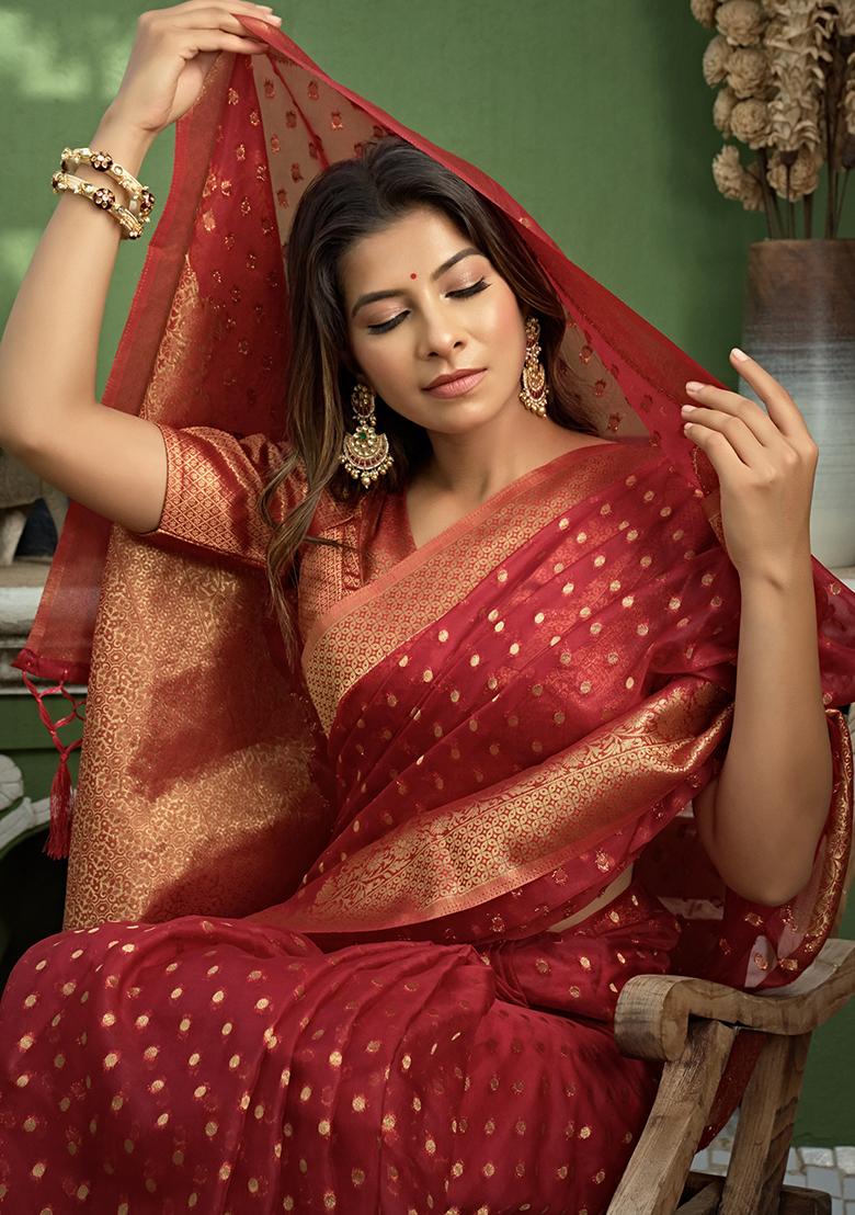 Red Zari Work Organza Saree Set