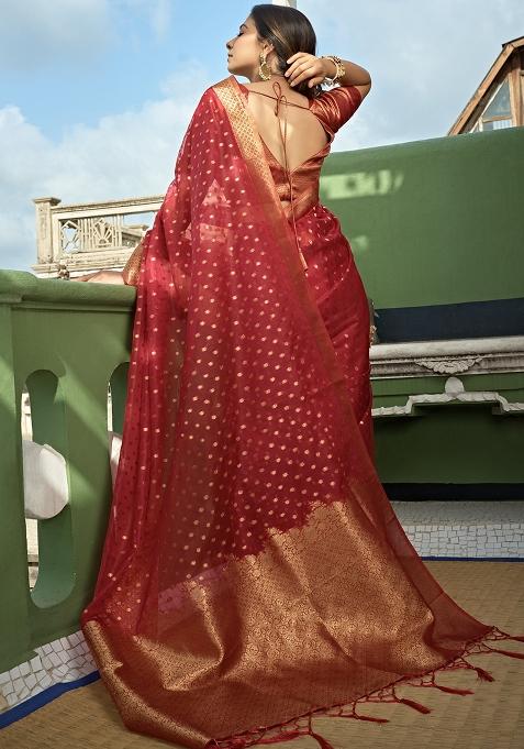 Red Zari Work Organza Saree Set
