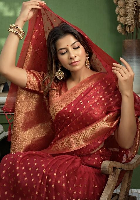 Red Zari Work Organza Saree Set