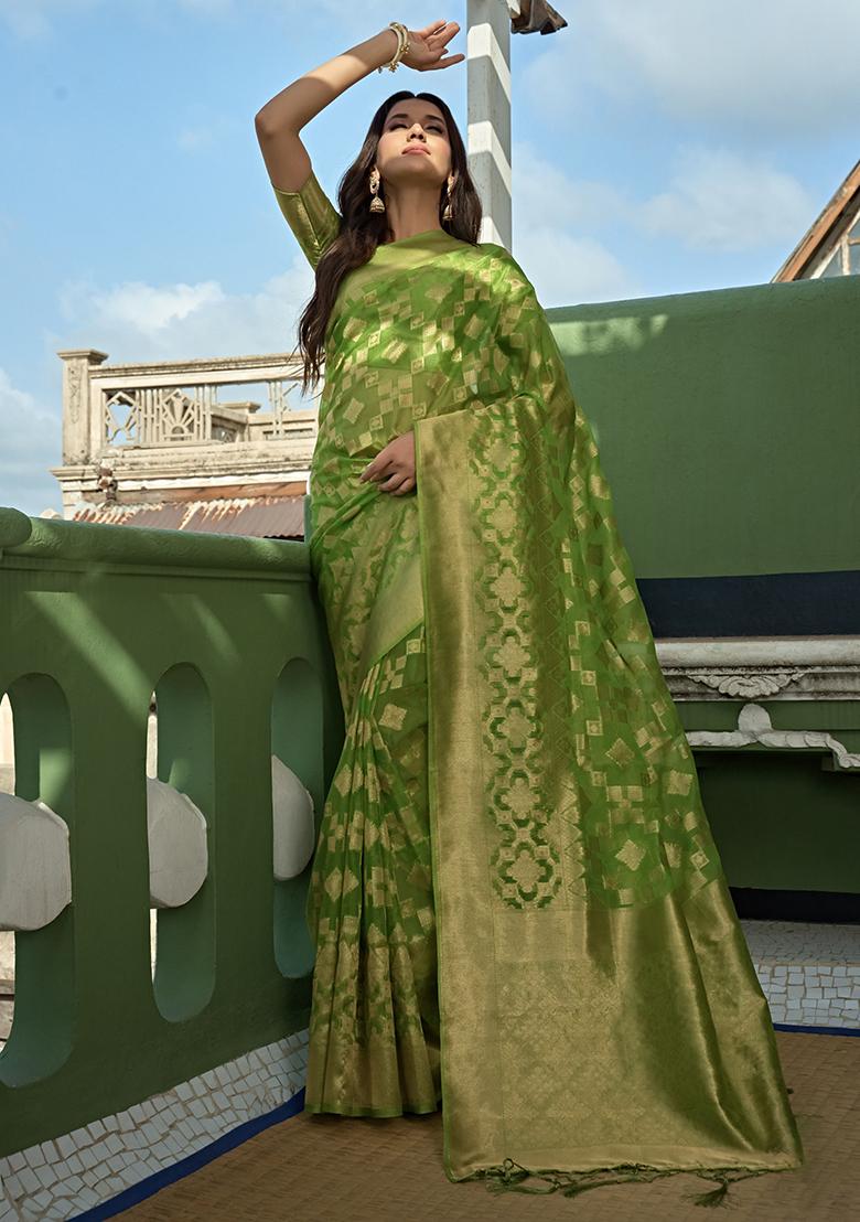 Green Zari Work Organza Saree Set