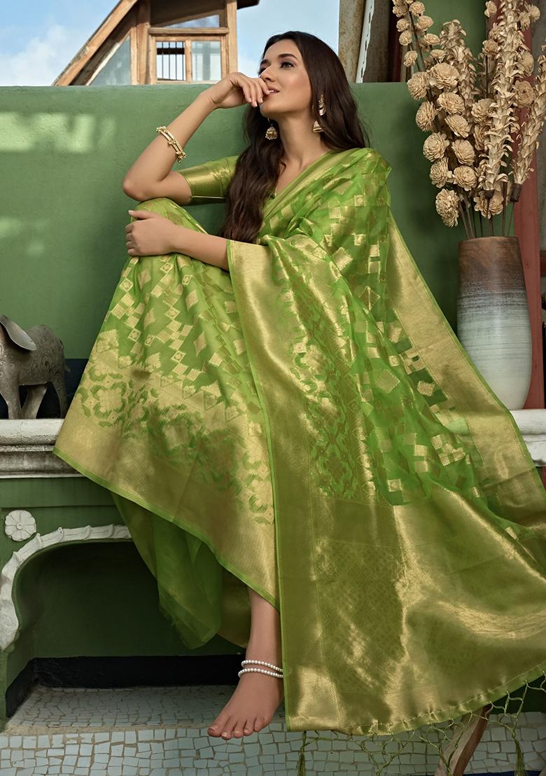 Green Zari Work Organza Saree Set