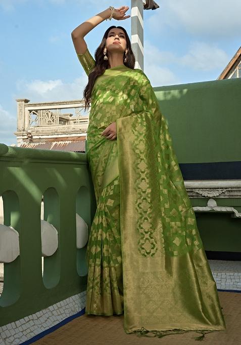 Green Zari Work Organza Saree Set