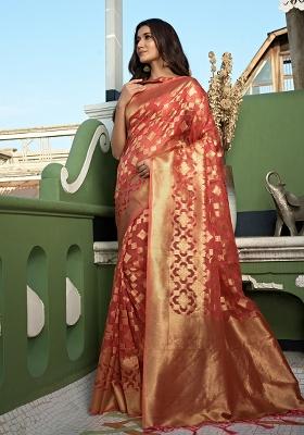 Peach Zari Work Organza Saree Set