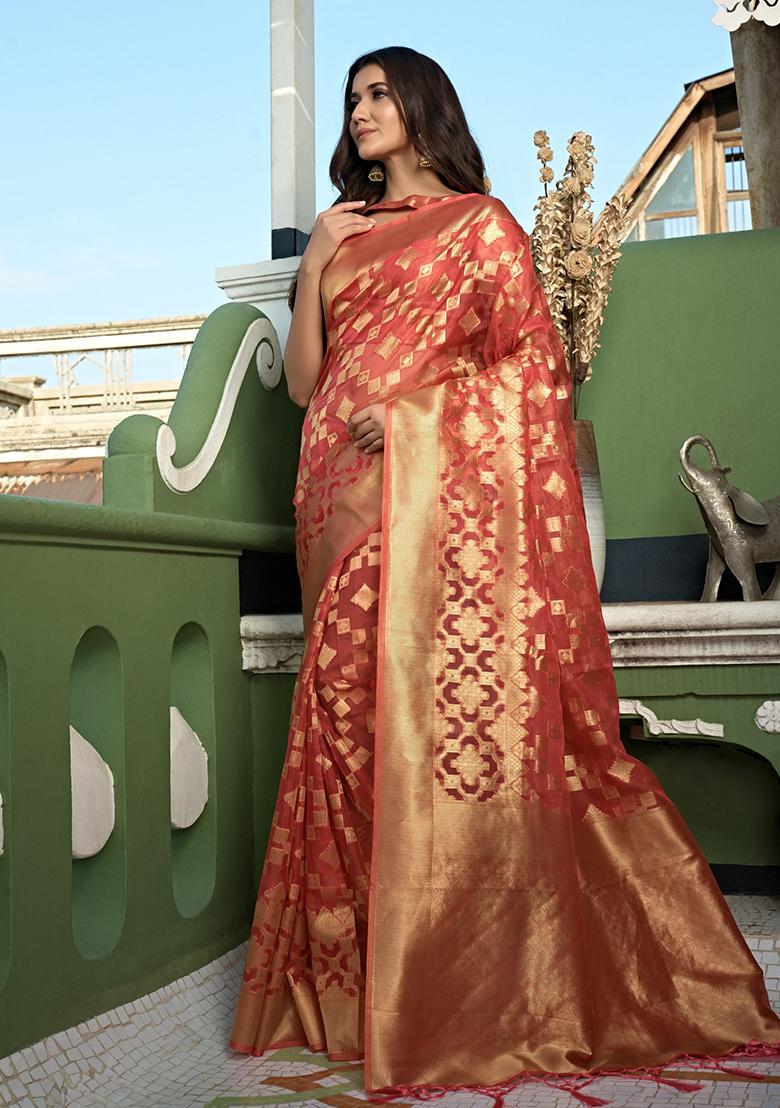 Peach Zari Work Organza Saree Set