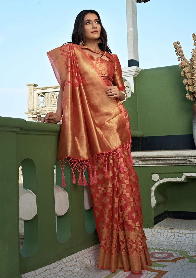 Peach Zari Work Organza Saree Set