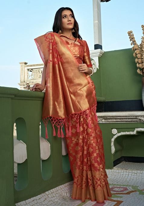 Peach Zari Work Organza Saree Set