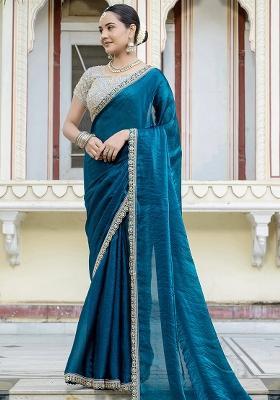 Blue Embroidered Satin Saree Set