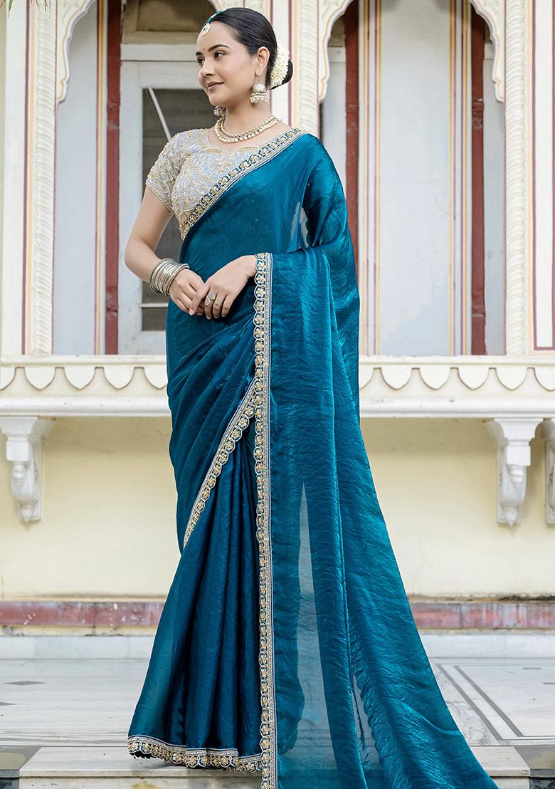 Blue Embroidered Satin Saree Set