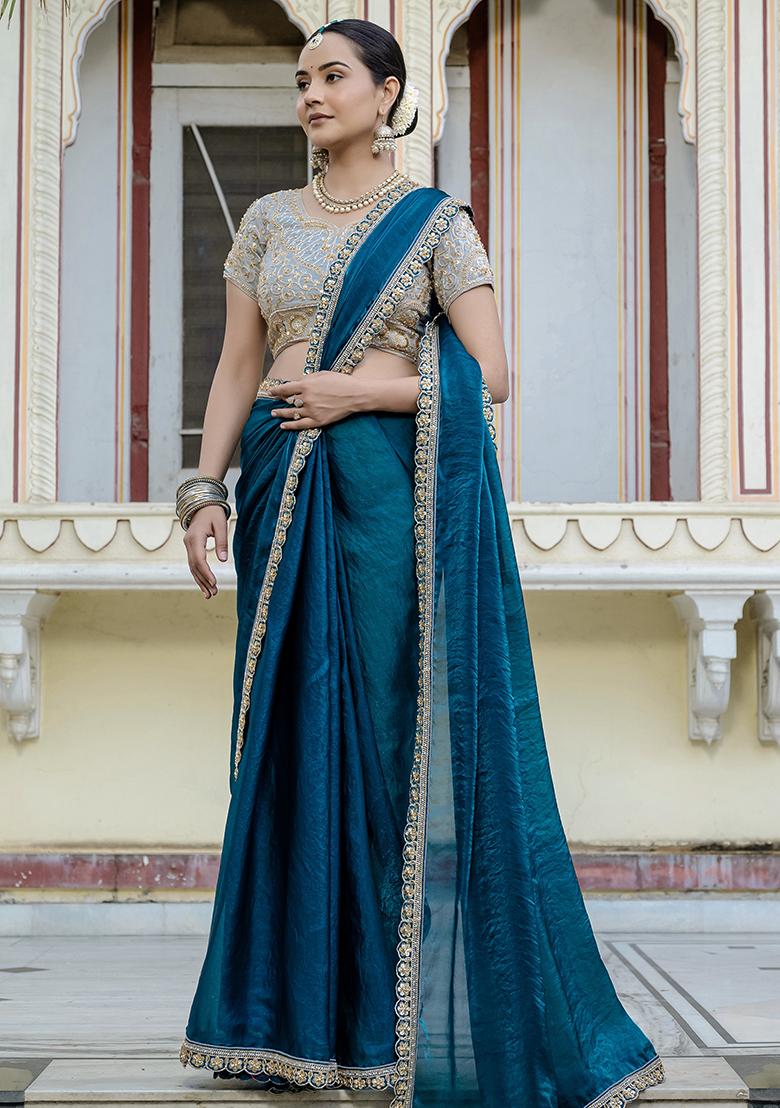 Blue Embroidered Satin Saree Set