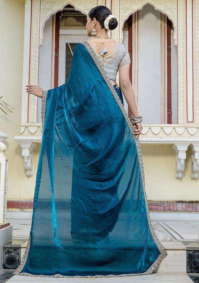 Blue Embroidered Satin Saree Set