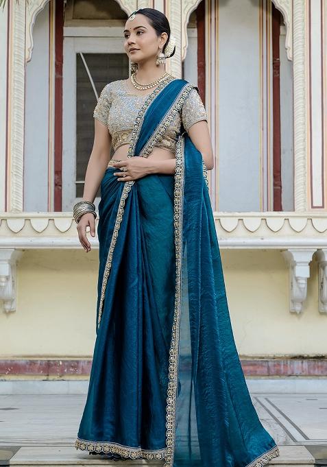Blue Embroidered Satin Saree Set
