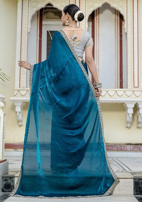 Blue Embroidered Satin Saree Set