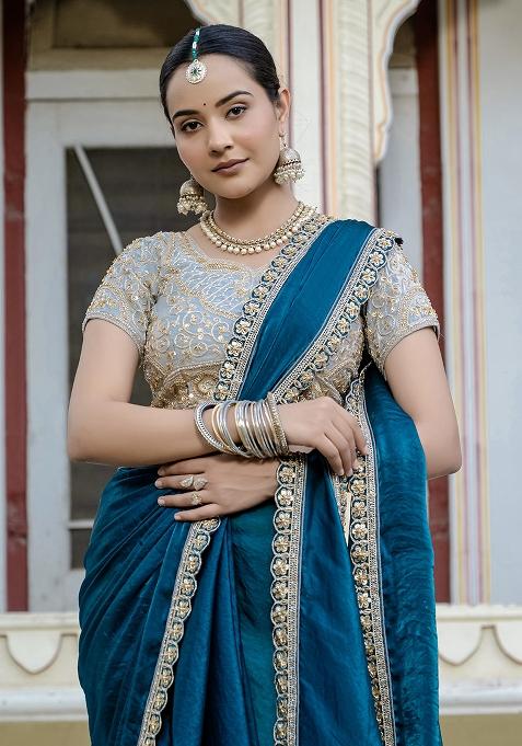 Blue Embroidered Satin Saree Set