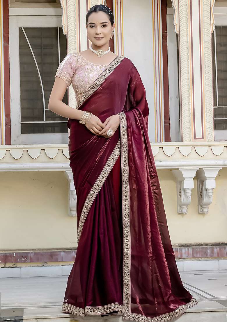 Maroon Embroidered Satin Saree Set - Indya