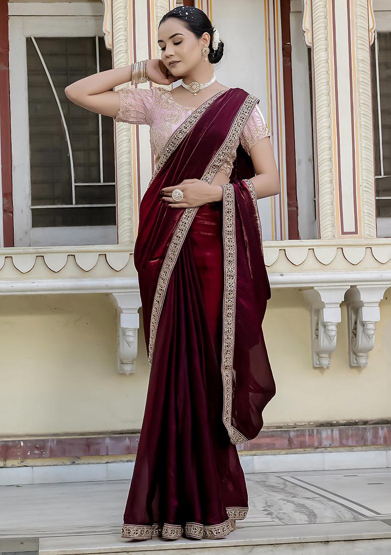 Maroon Embroidered Satin Saree Set - Indya